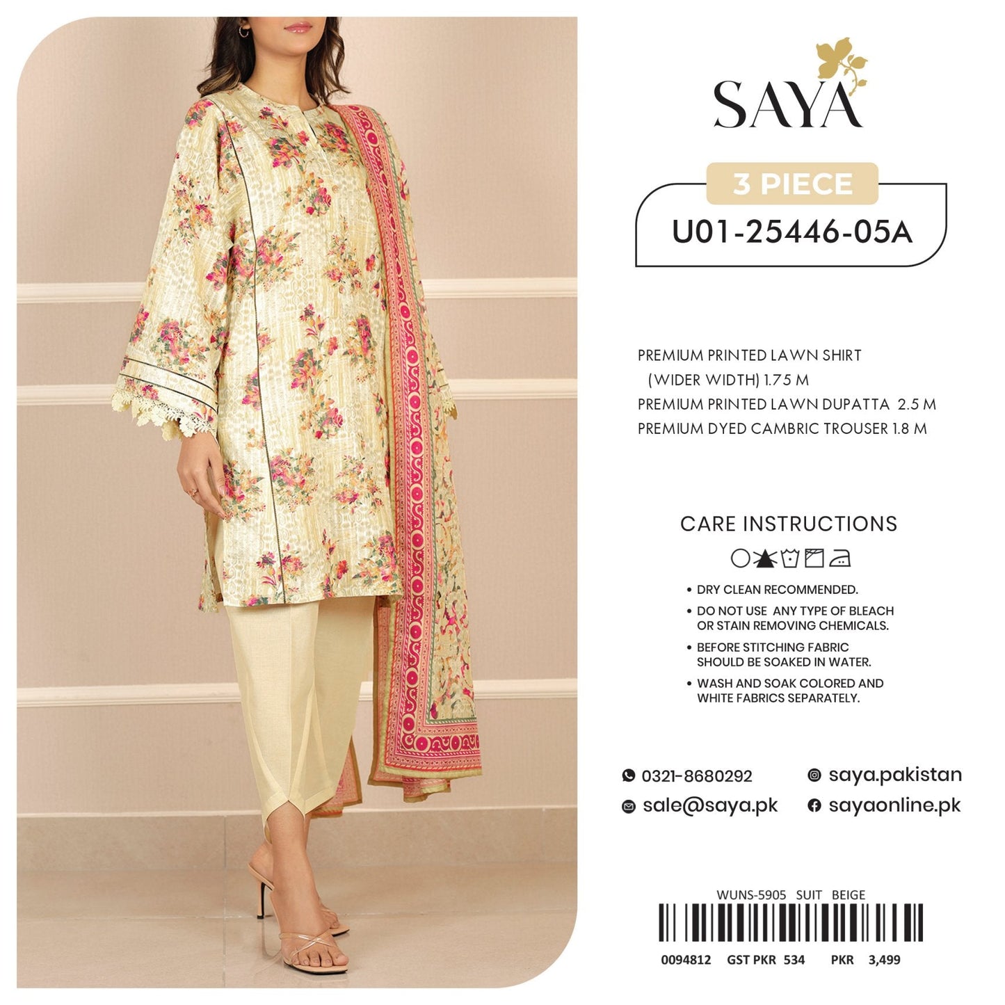 ORIGINAL BRAND SAYA 3 PIECE PRINTED LAWN 4 SUITS B