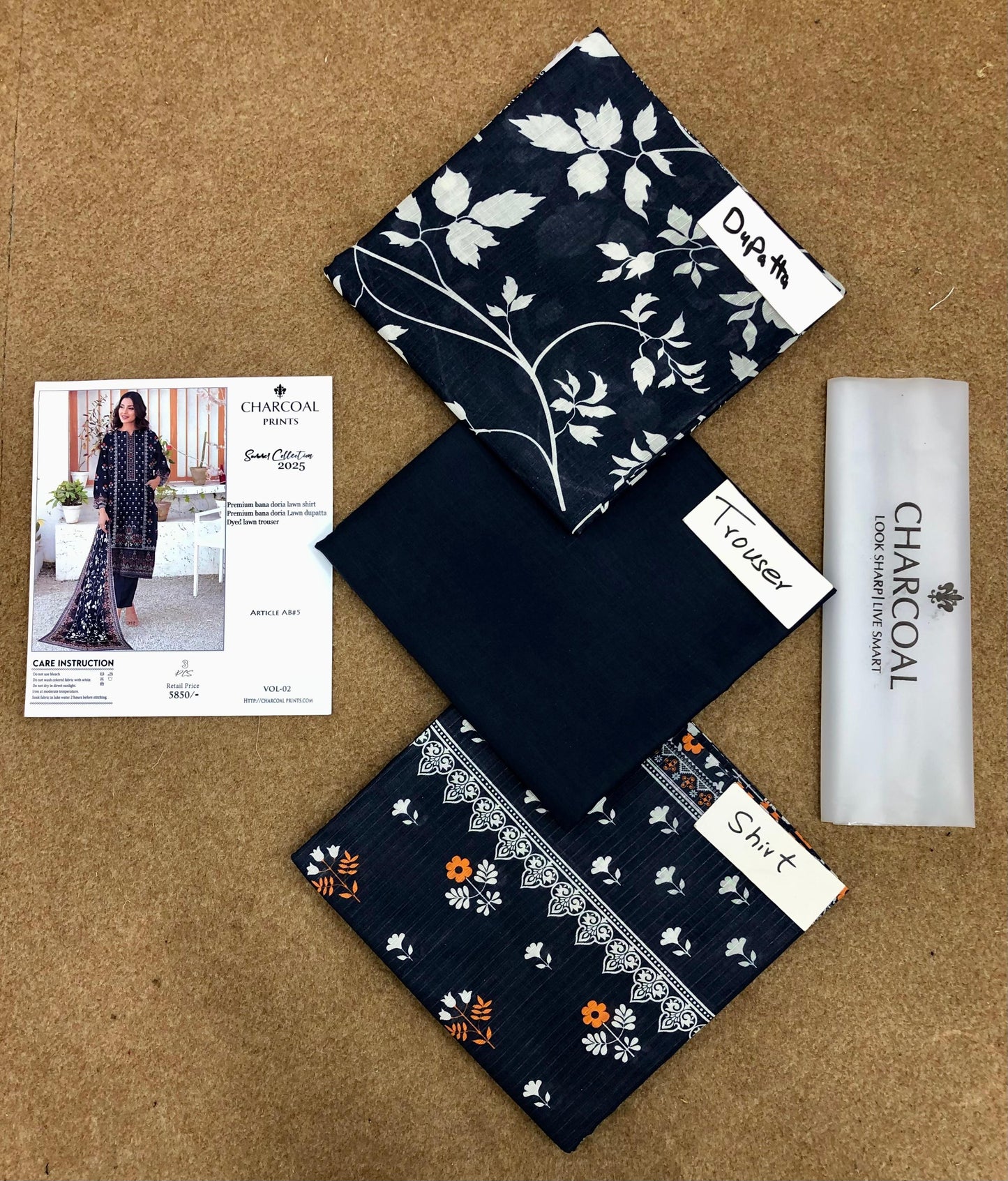 CHARCOAL DIGITAL PRINT BANA DORIA LAWN (Set -Pack of 5 Suits ) Category B Market Boy