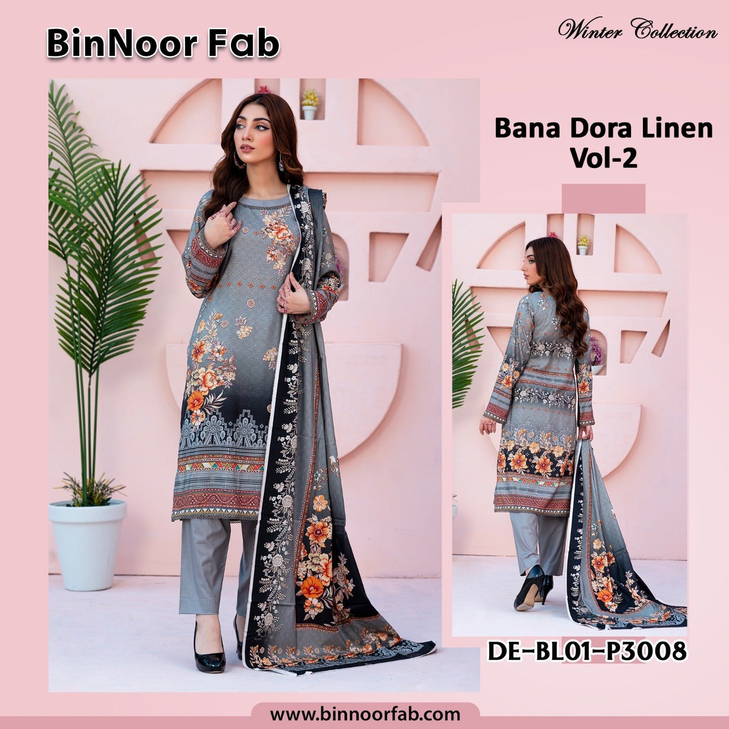 Bin Noor 3 Pc Linen Bana Dora Digital Print 5 Suits A