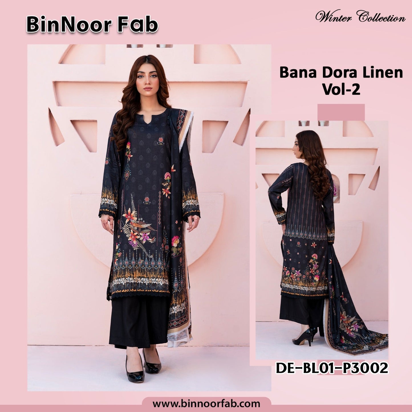 Bin Noor 3 Pc Linen Bana Dora Digital Print 5 Suits B