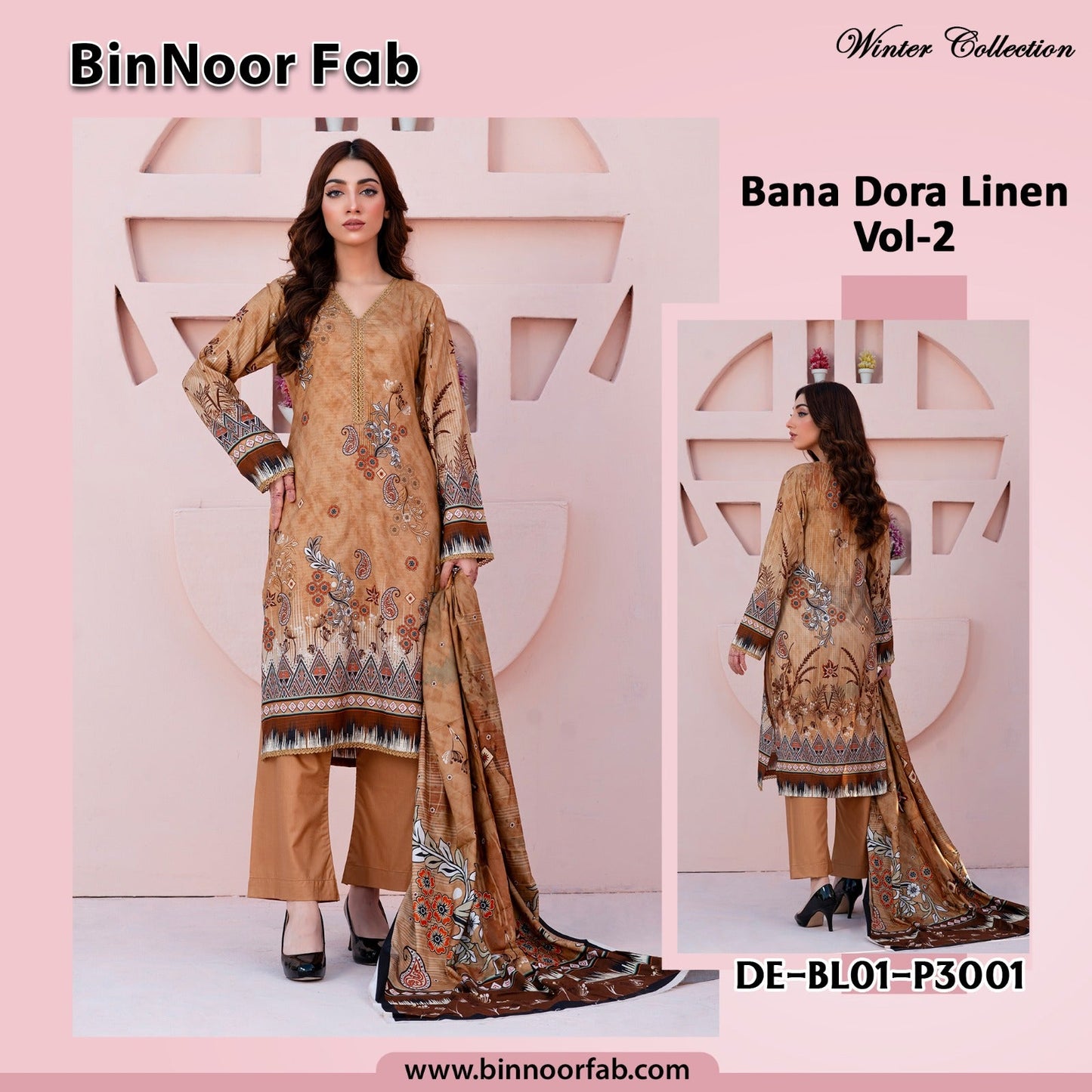 Bin Noor 3 Pc Linen Bana Dora Digital Print 5 Suits B