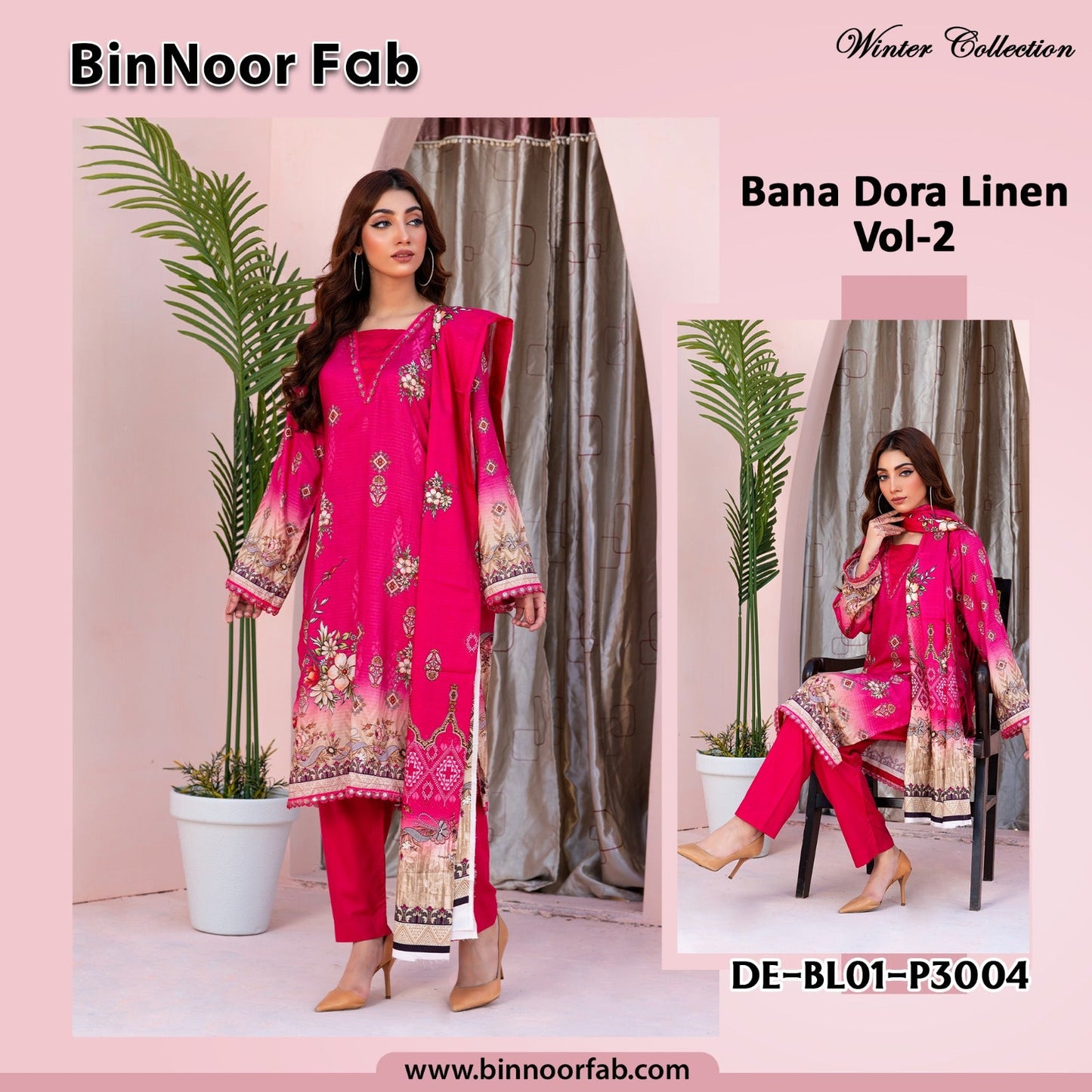 Bin Noor 3 Pc Linen Bana Dora Digital Print 5 Suits A