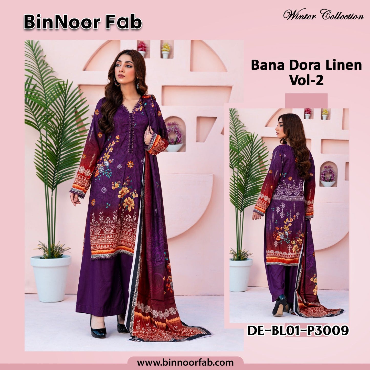 Bin Noor 3 Pc Linen Bana Dora Digital Print 5 Suits B