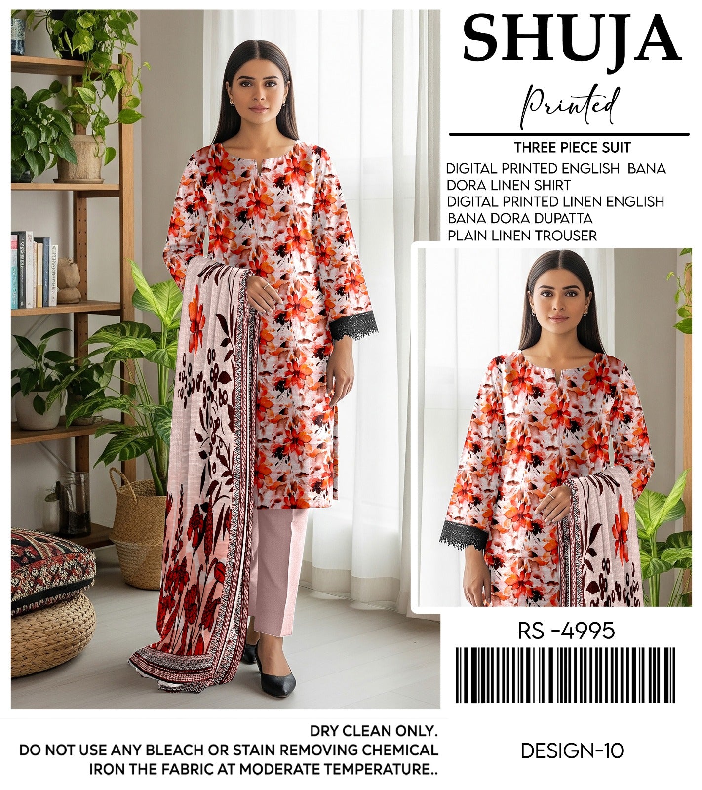 SHUJA DIGITAL PRINTED ENGLISH BANA DORA LINEN ( 5 SUITS) A