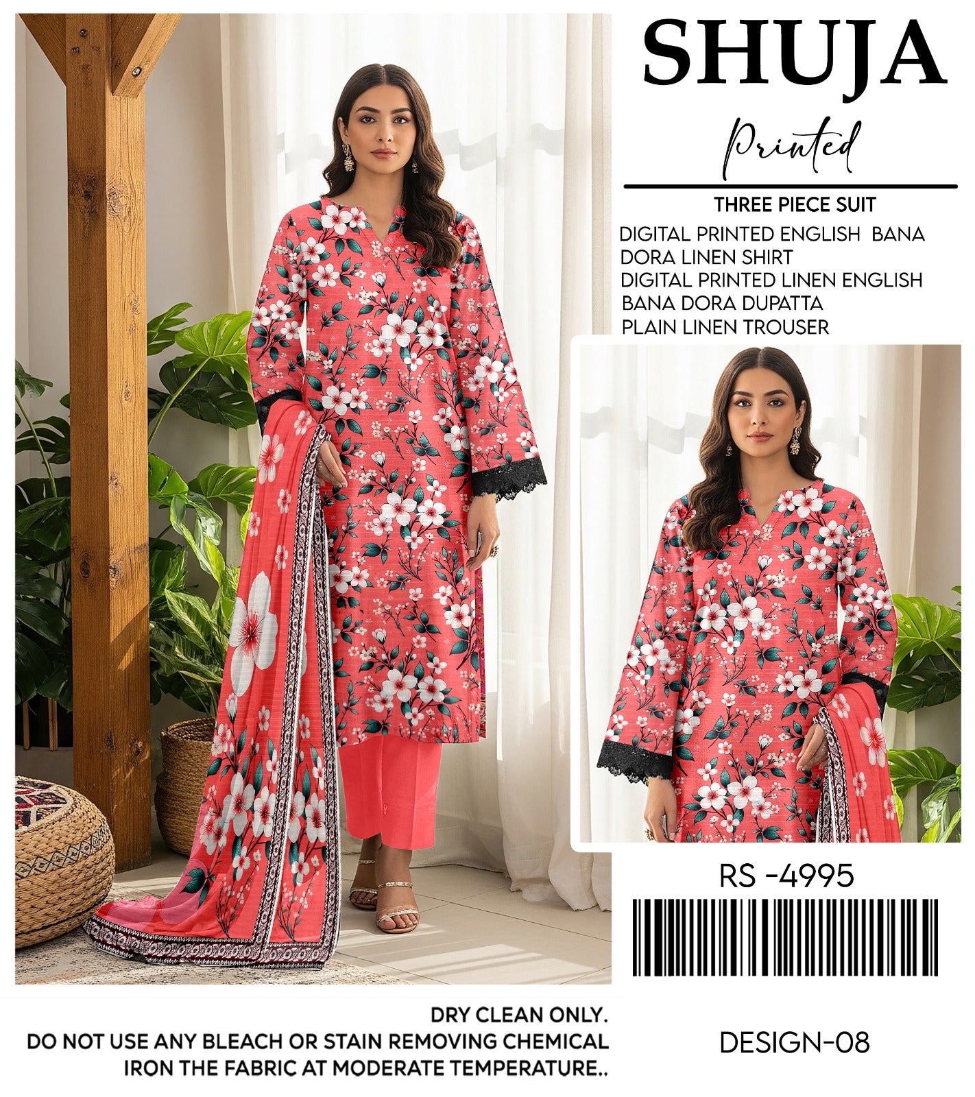 SHUJA DIGITAL PRINTED ENGLISH BANA DORA LINEN ( 5 SUITS) B