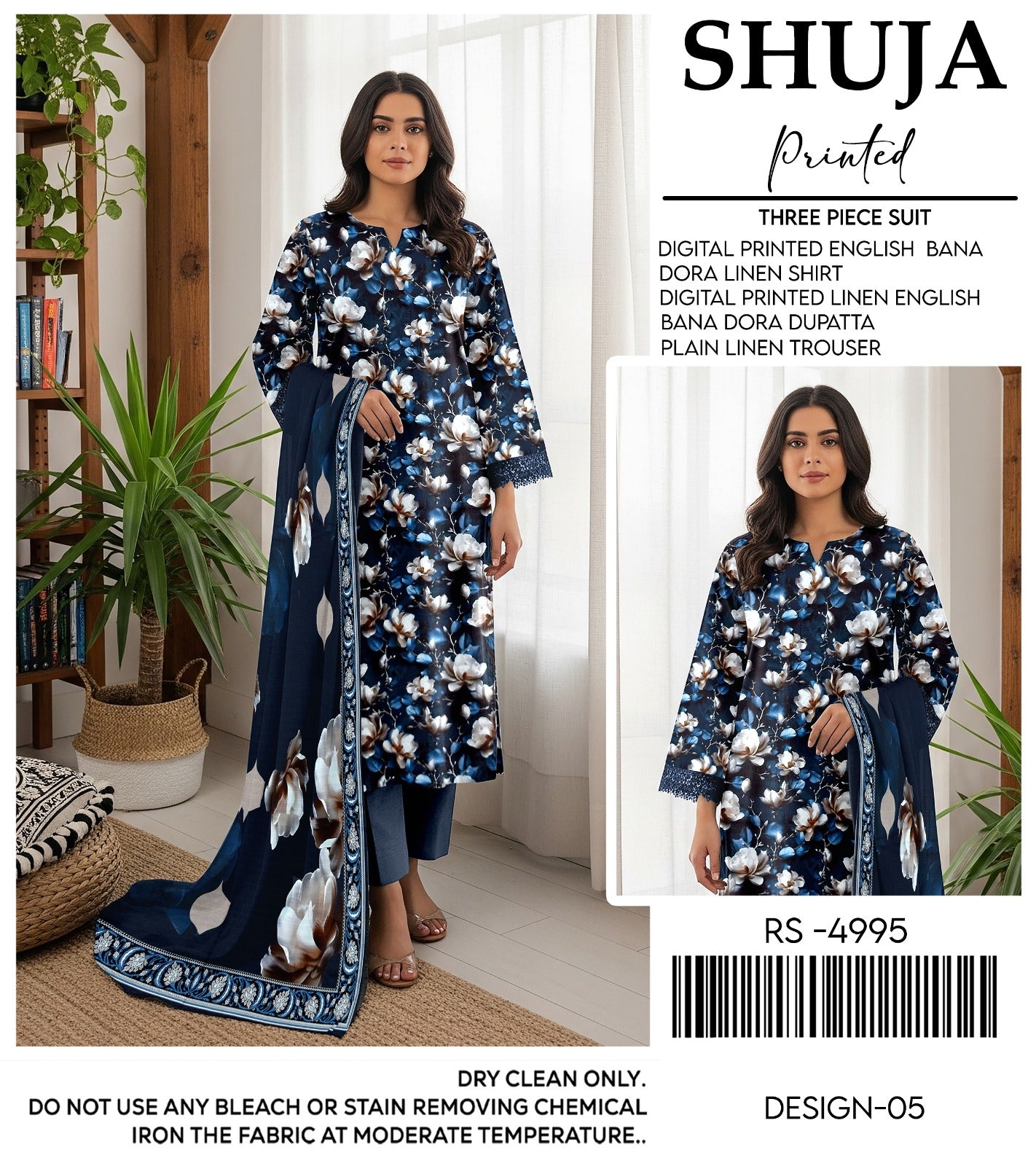 SHUJA DIGITAL PRINTED ENGLISH BANA DORA LINEN ( 5 SUITS) B