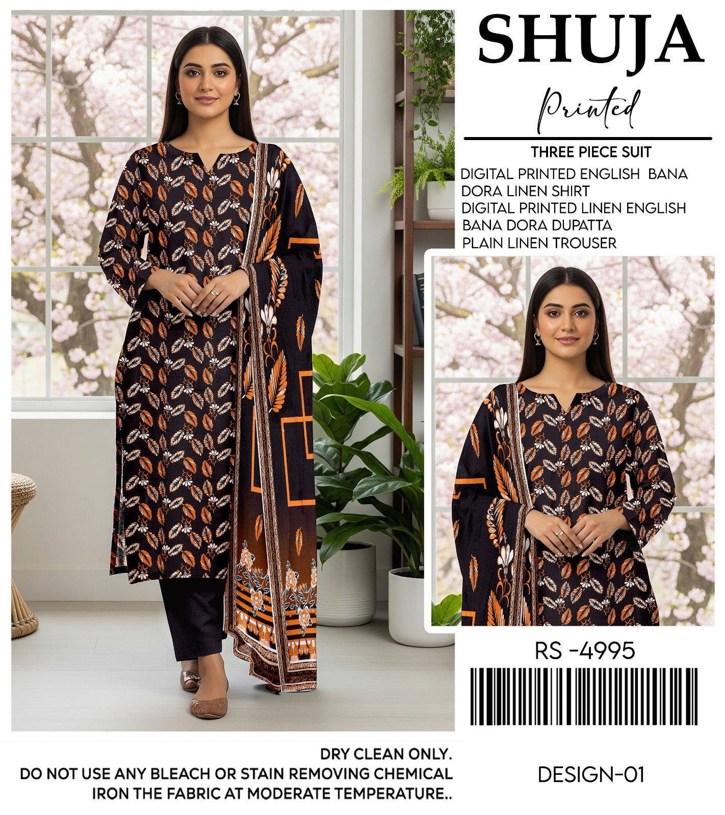 SHUJA DIGITAL PRINTED ENGLISH BANA DORA LINEN ( 5 SUITS) A
