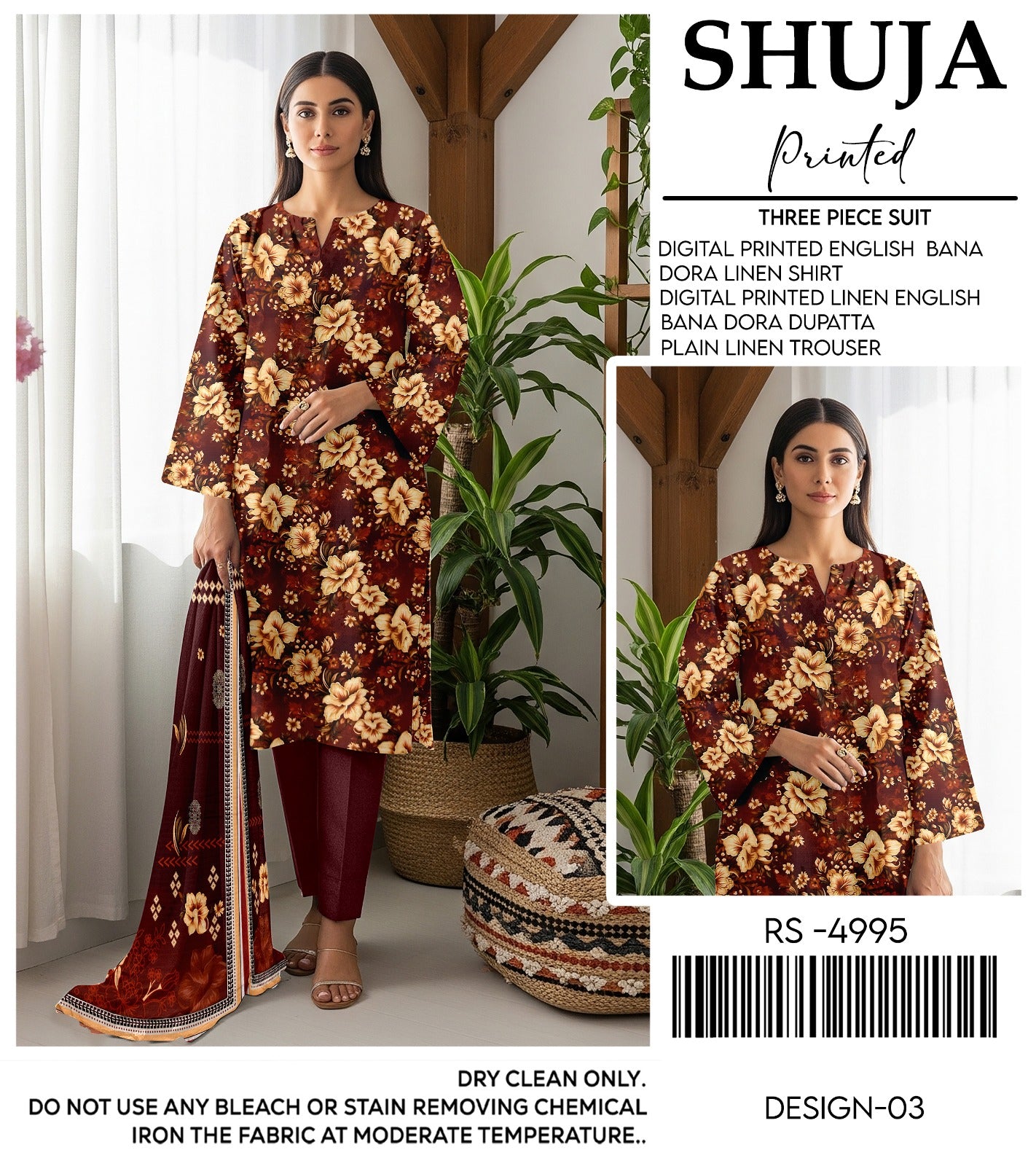 SHUJA DIGITAL PRINTED ENGLISH BANA DORA LINEN ( 5 SUITS) A