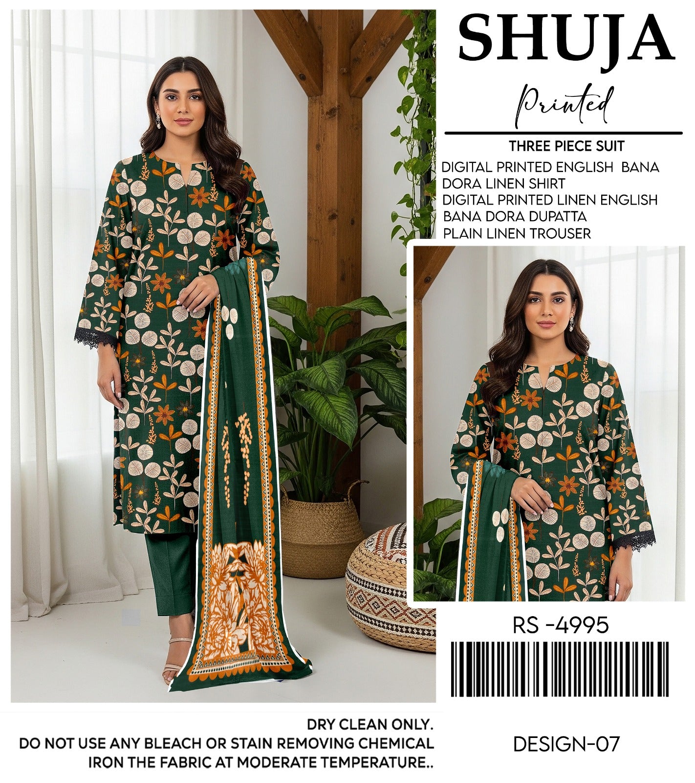 SHUJA DIGITAL PRINTED ENGLISH BANA DORA LINEN ( 5 SUITS) A