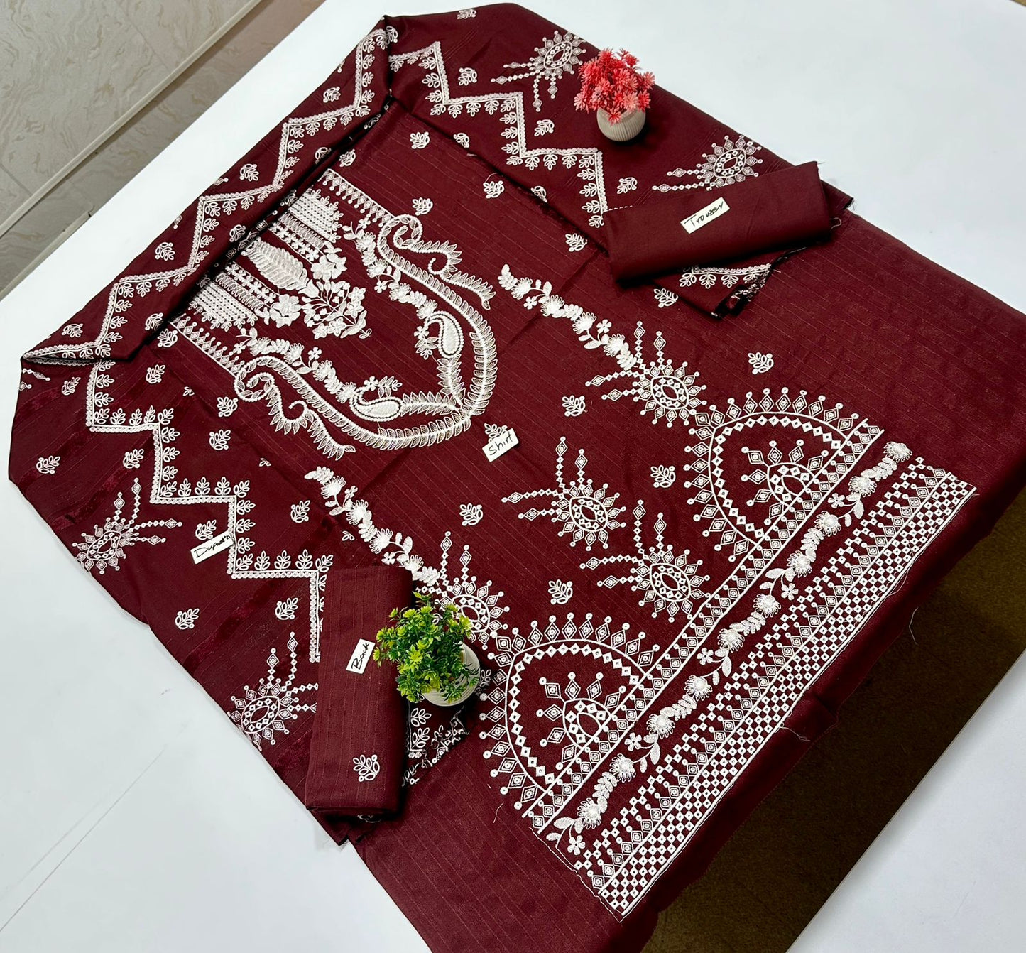 Chamkhi Peach Wool White Embroidery (7 Suits)