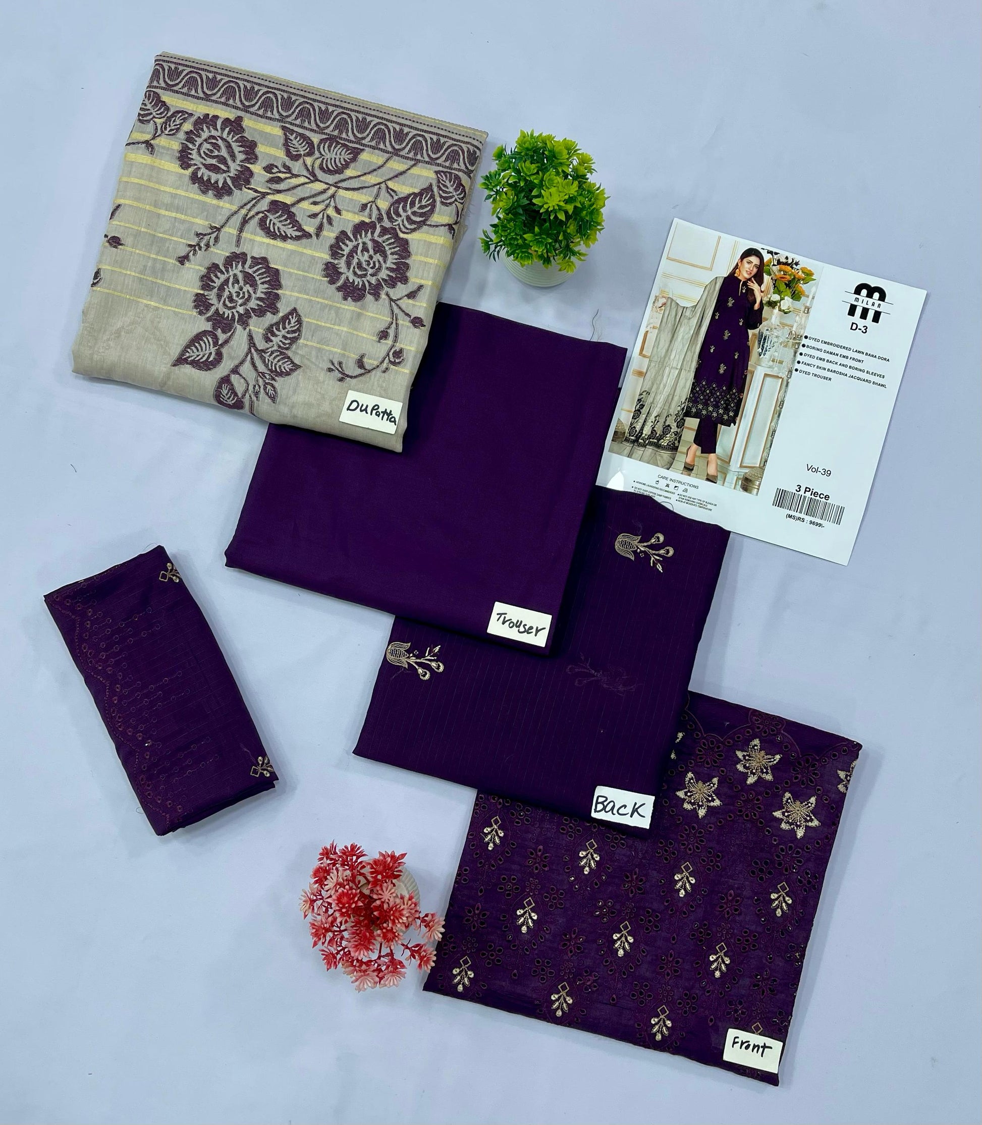 MILAN EMBROIDERED  BANA DORA LAWN (Set -Pack Of 8 Suits )Category B Market Boy