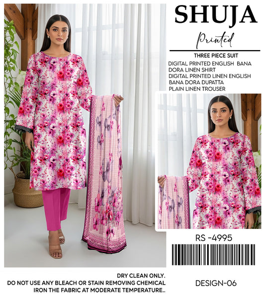 SHUJA DIGITAL PRINTED ENGLISH BANA  DORA LINEN ( 5 SUITS) A