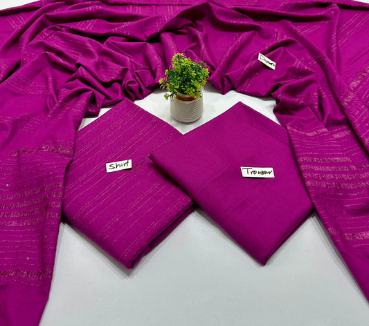 Peach Wool Valvet Strips Chamki Shawl ( 4 Suits)B