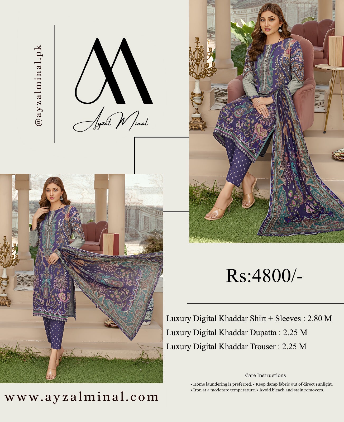 ORIGINAL BRAND AYMEN MIRAL KHADDAR 3 PIECE DIGITAL PRINT ( 8 Suits)